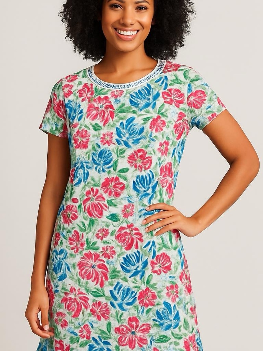 Talbots Women Floral Cotton T-Shirt Dress Short Sleeve Pom Pom Trim Multicolor S